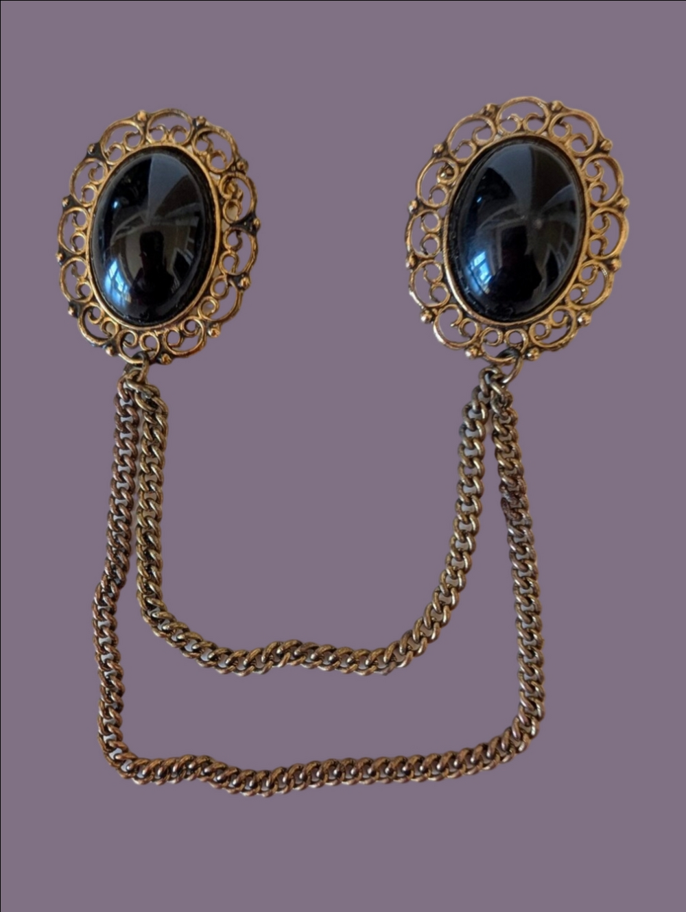 Vintage Brooch 1980s Black Faux Stone Double-Clip Sweater Guard